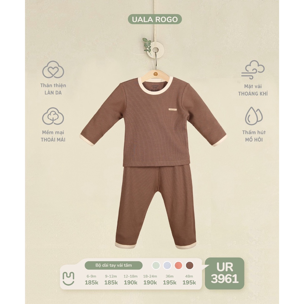 Bộ Uala Rogo dài tay vải cotton tăm cao cấp mềm mịn thoáng mát thấm hút tốt trơn phối viền màu cho bé trai bé gái 3961