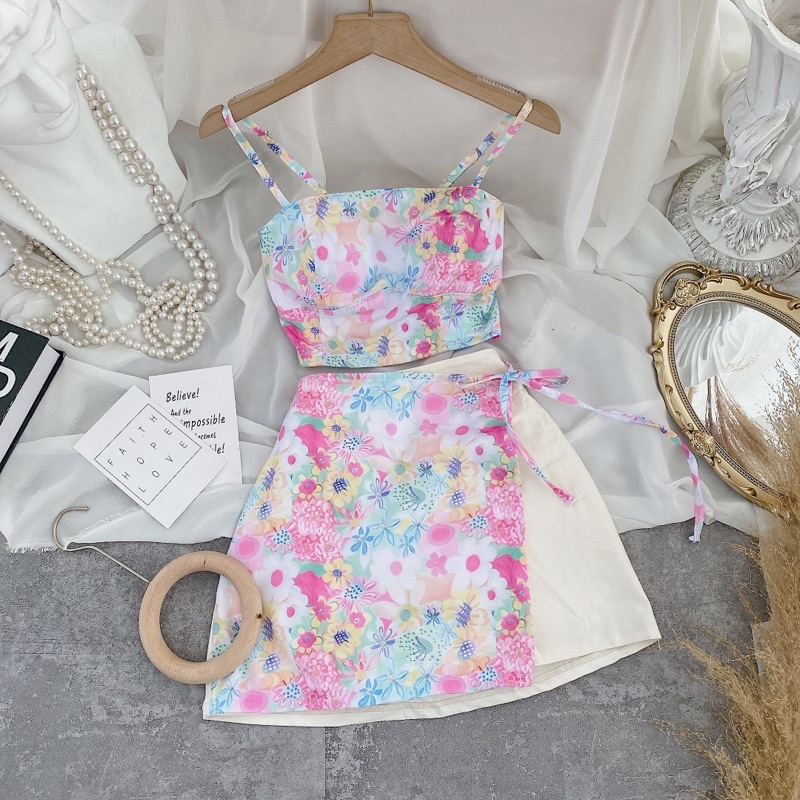 SET 2S CROP HOA + CHÂN VÁY HOA PHỐI NUDE ĐẮP THẮT EO🍁