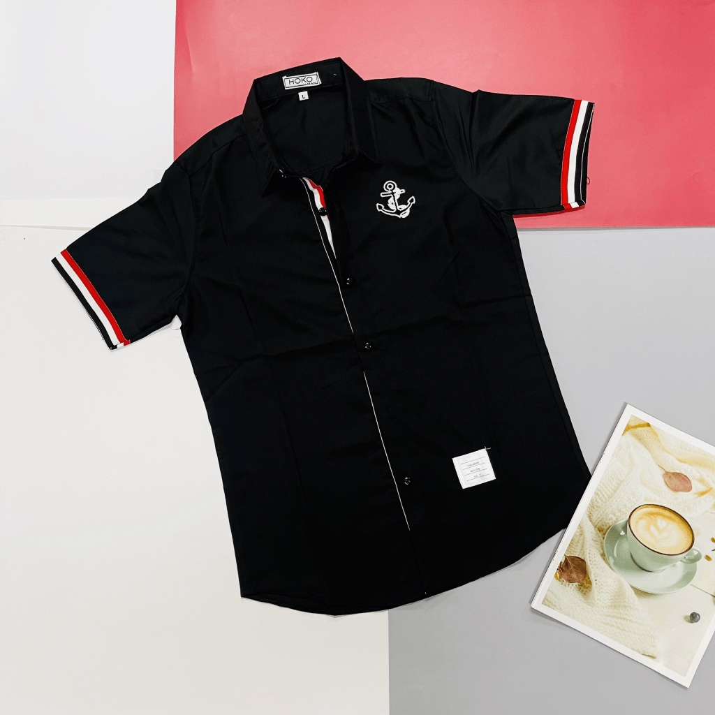 Áo Sơ Mi Nam Tay Ngắn Logo Thêu Mỏ Neo Phối Sọc Đỏ Đen Thiết Kế Tinh Tế Sang Trọng [NEW UNISEX]