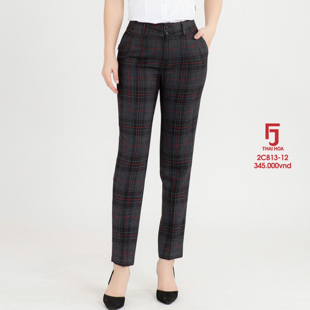 Quần tây nữ Thái Hoà 2C813-12-01, quần âu nữ công sở 9 tấc, màu đen kẻ ô đỏ, chất liệu mềm ,trơn