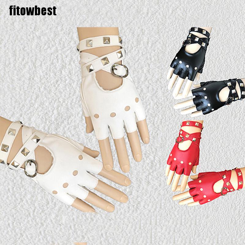 Găng Tay Da Hở Ngón Đính Đinh Tán Phong Cách Punk Halloween Cho Nữ