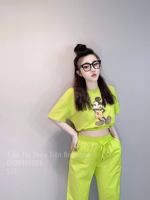 Set Bộ Mickey chất liệu Da Cá Phong Cách Thể Thao Cá Tính gồm áo croptop quần ống bo