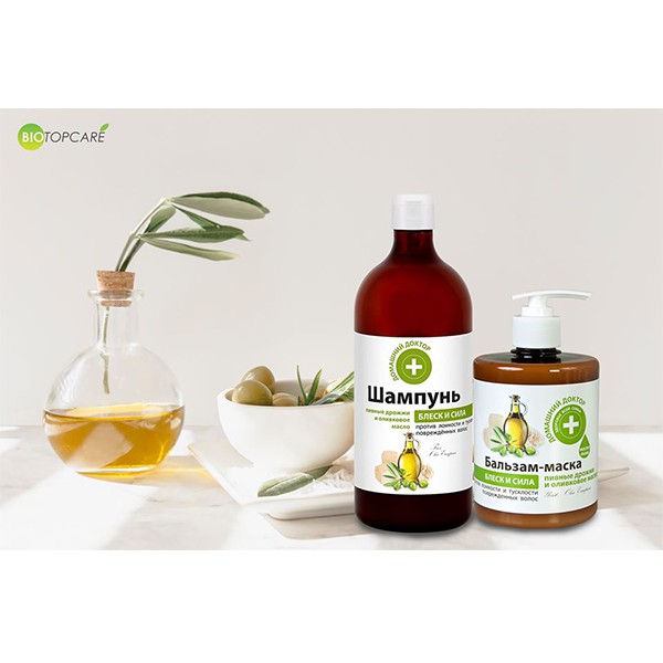 Cặp dầu gội-xả Domashnij Doctor óng mượt và chắc khỏe tóc men bia và ô liu