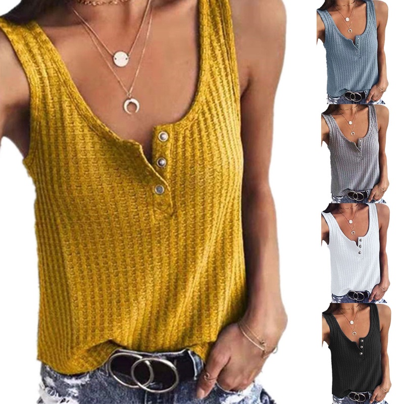 Áo Tank Top Dệt Kim Cổ Chữ U Màu Trơn Cài Nút Gợi Cảm Cho Nữ