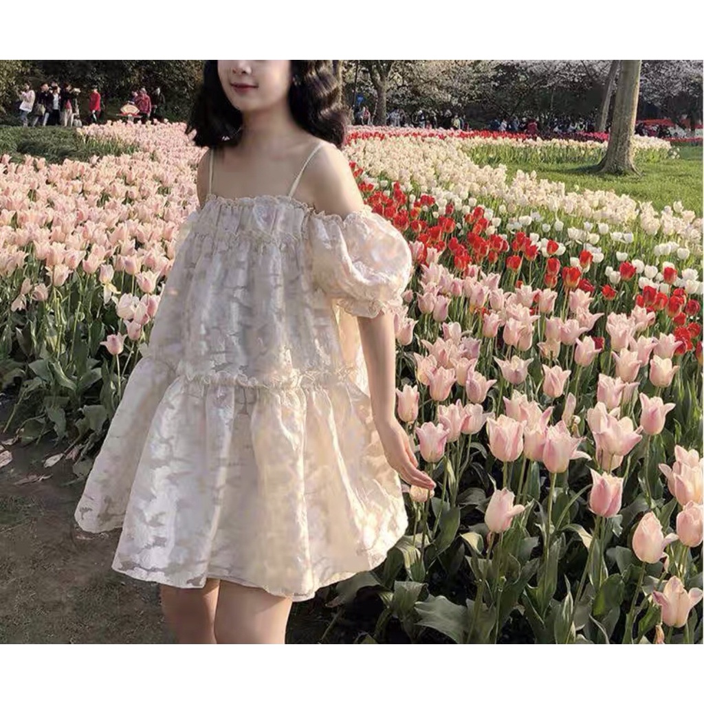 [Ảnh thật/Sẵn] Đầm 2 dây họa tiết hoa nổi dáng xòe - Váy trễ vai tay bo in hoa nổi dáng ngắn