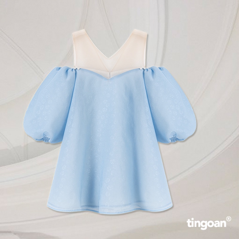 TINGOAN® - Áo trễ vai babydoll phối lưới vân hoa hồng xanh 3 lớp vải tingoan ROSIE ANGLES TOP/BLUE