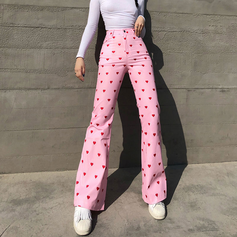 Quần Jean Ống Rộng Lưng Cao In Họa Tiết Trái Tim Xinh Xắn Theo Phong Cách Châu Âu | BigBuy360 - bigbuy360.vn