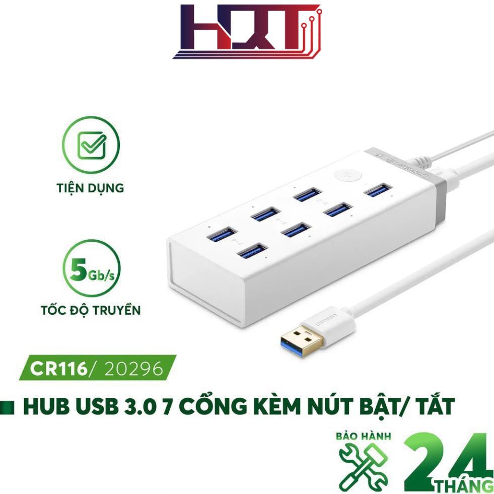 Hub USB 3.0 7 cổng có nút bật tắt, hỗ trợ nguồn 12A/2V UGREEN CR116 20296
