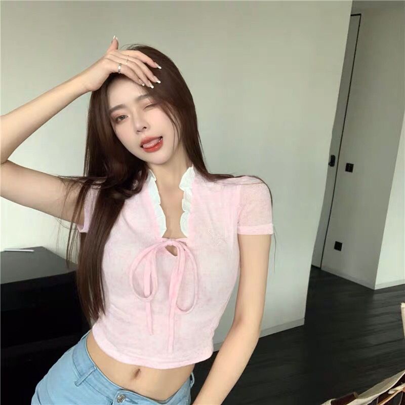 Áo Croptop Họa Tiết Bướm Phong Cách Hàn Quốc Quyến Rũ Cho Nữ