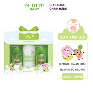 Hộp quà Purité Baby sữa tắm gội hương Bơ Đậu Mỡ và Hoa Anh Đào (250ml/chai) + Khăn cotton