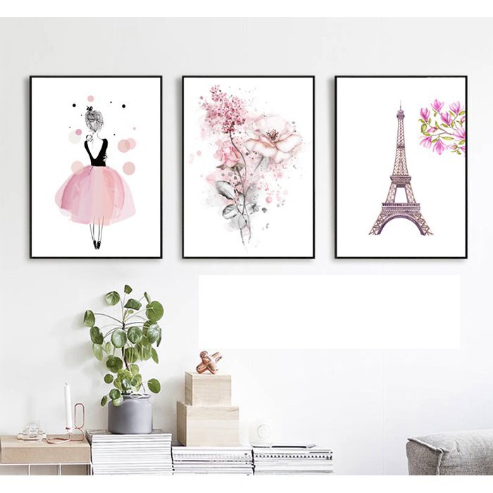 Bộ 3 tranh canvas treo tường Lala chủ đề nghệ thuật trang trí phòng ngủ kèm đinh 3 chân đa năng
