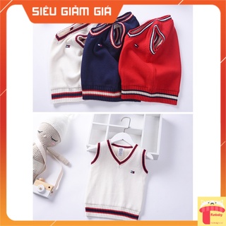 Gile len cho bé trai cổ tim viền kẻ, Áo len gile cho bé 3-8 tuổi thêu logo chữ E không bai xù phong cách Hàn Quốc