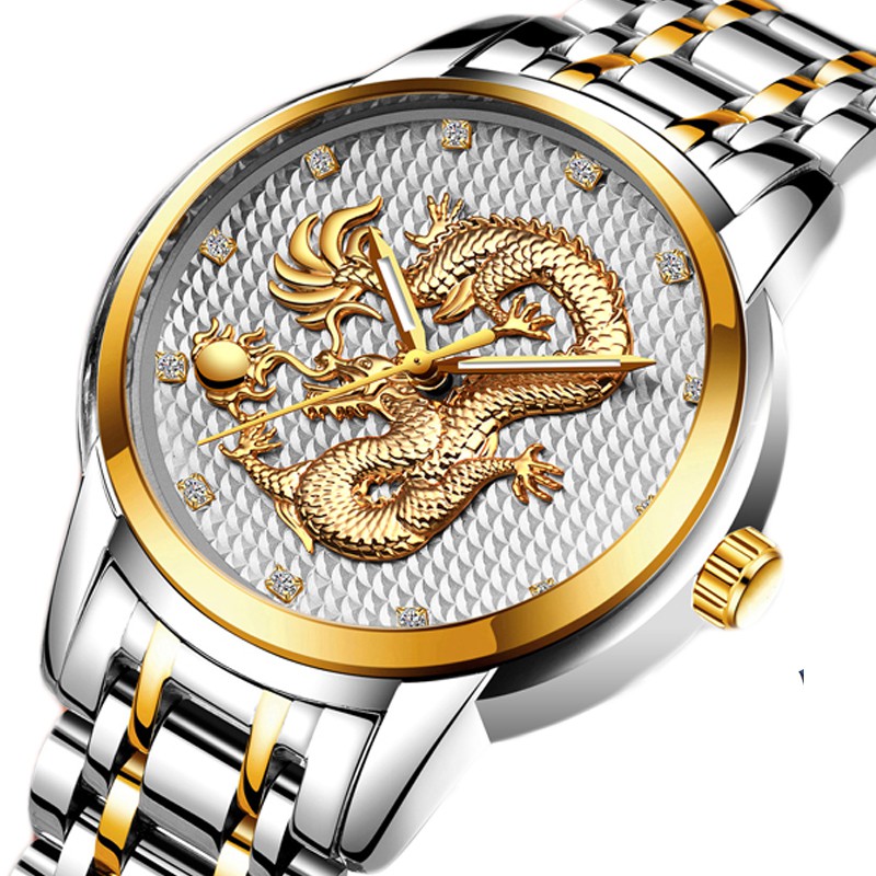 Đồng hồ nam rồng vàng DRAGON cao cấp dây thép đúc đặc chống nước siêu bền - Đồng Hồ Quốc Tế