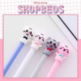 Bút bi nước mực gel hình Mèo đeo nơ Pison, mực đen ngòi kim 0.38mm - 1 cái