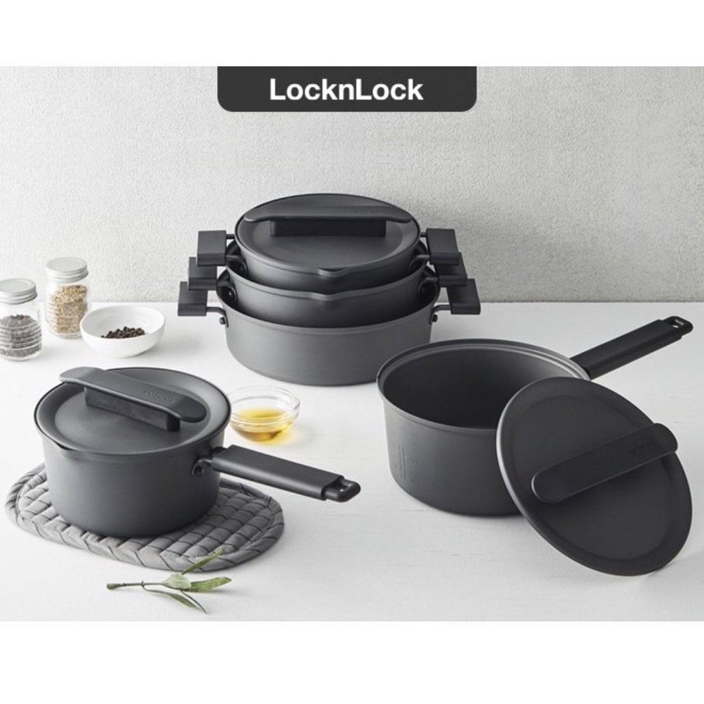 LOCK & LOCK Bộ Nồi Nấu Ăn Khóa Một Tay Cầm + Nồi Nấu Ăn + Khóa 5 Loại Tiện Dụng