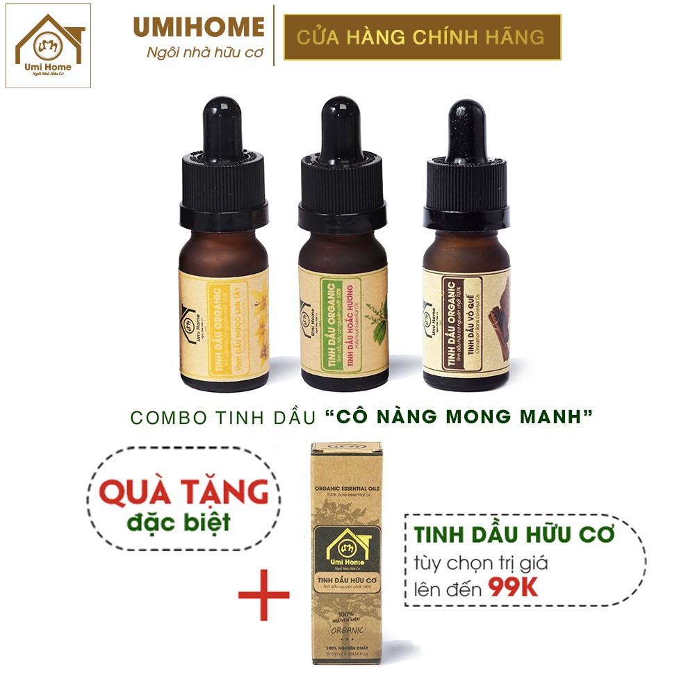 Combo 3 loại Tinh Dầu UMIHOME gồm Ngọc Lan Tây, Hoắc Hương, Quế (10mlx3) hữu cơ nguyên chất