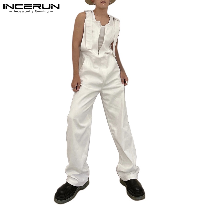 Jumpsuit INCERUN không tay có dây treo màu trơn phối dây kéo dáng rộng hợp thời trang cho nam