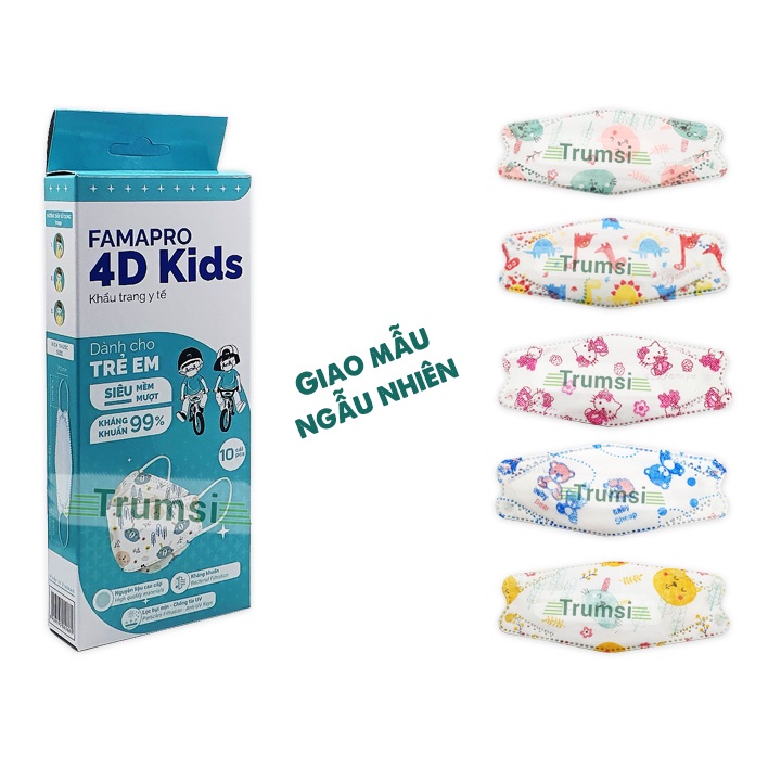 Khẩu trang y tế cho em bé 4D 3 lớp Nam Anh Famapro kháng khuẩn chống bụi cao cấp an toàn. Hộp 10 cái mẫu ngẫu nhiên