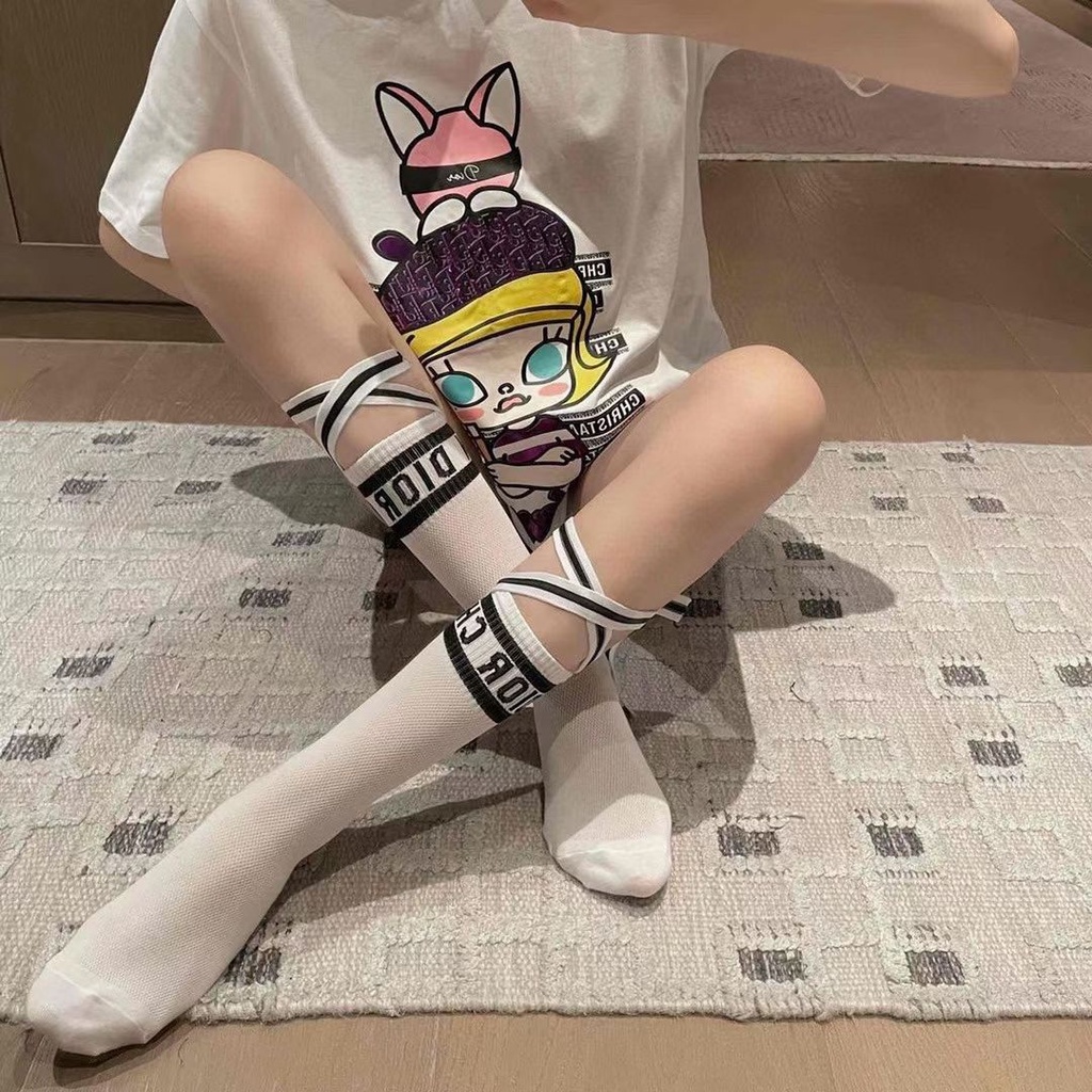 Jiashucheng Vớ Ống Cao Ngang Bắp Chân Buộc Dây Thoáng Khí In Chữ Phong Cách Preppy Đường Phố Thoáng Khí Dành Cho Bạn Nữ