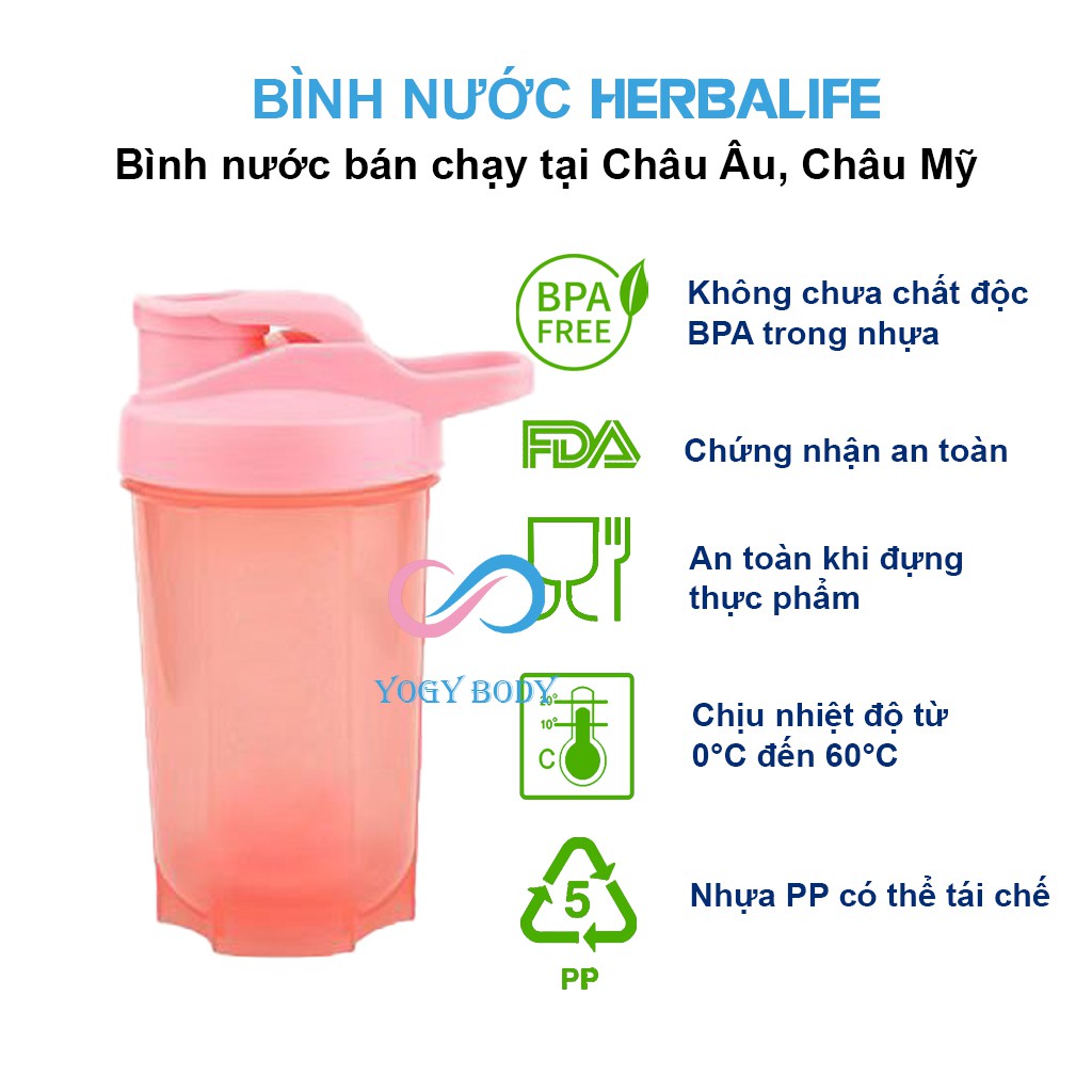 [Mã MAMT2405 giảm 10K đơn 0đ] Bình Nước Nhựa Thể Thao HERBALIFE Có Con Lắc, Quai Xách, Có Vạch Chia Dung Tích 500ML