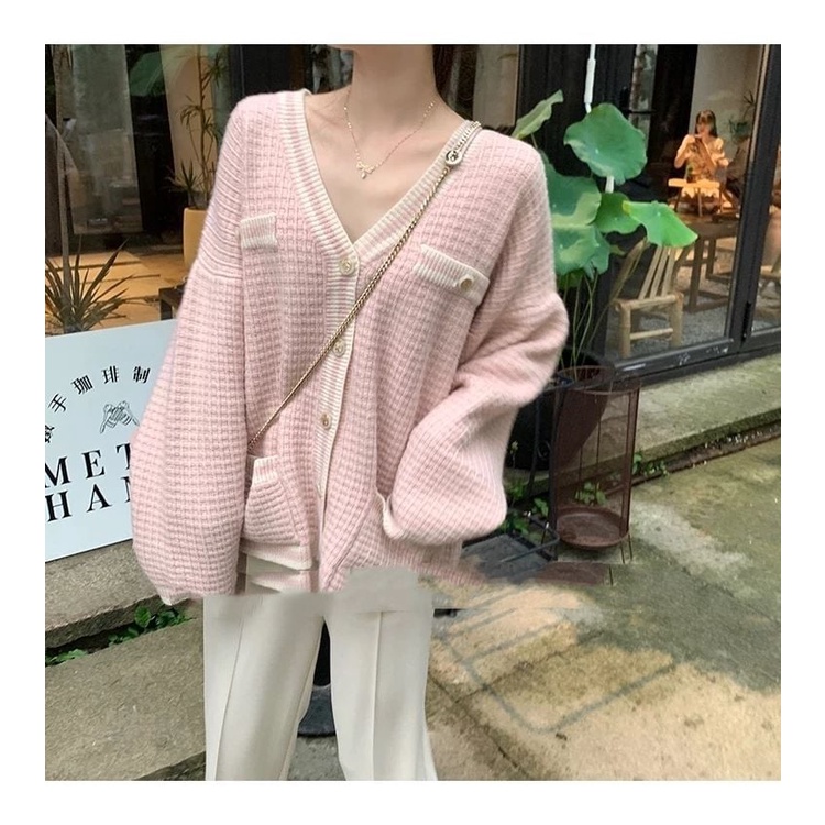 Áo len cardigan đan nổi viền sọc khuy kim loại tiểu thư
