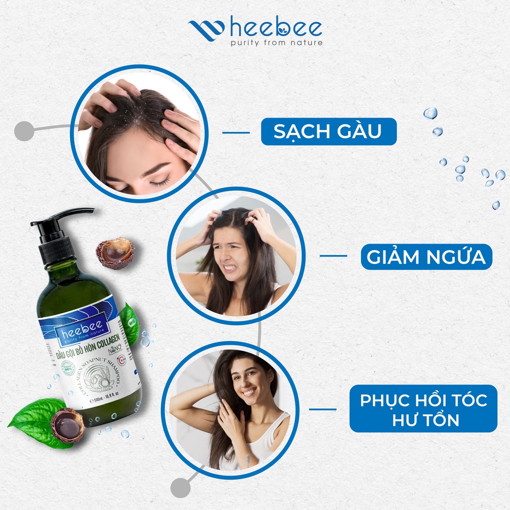 Dầu Gội Bồ Hòn Collagen Heebee Việt Nam Phục Hồi Tóc Hư Tổn Ngăn Gàu, Nấm Da Đầu Hương Thảo Nguyên