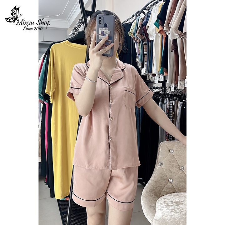 Bộ ngủ pijama trơn, bộ lụa quần đùi áo ngắn tay thiết kế viền trẻ trung lịch sự Minxu Shop PT01