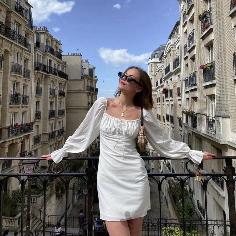 Đầm cổ vuông dài tay thiết kế dây thắt trước ngực thời trang nữ | BigBuy360 - bigbuy360.vn