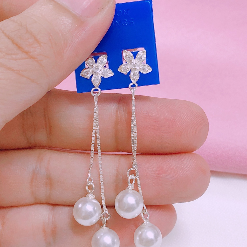 Bông tai hoa đính tua treo hạt dài xinh xắn LINH MIU SILVER