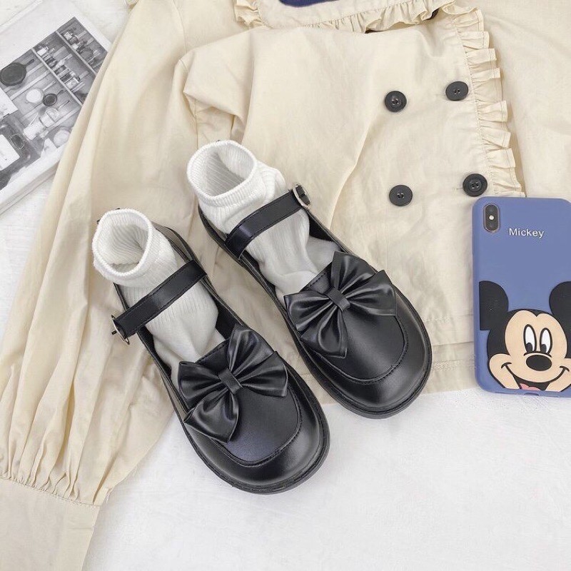 Giày nữ Lolita vintage gắn nơ muix vuông (Da bóng và da lì) | BigBuy360 - bigbuy360.vn