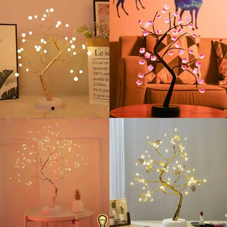 Đèn ngủ để bàn hình cây trang trí hoa đào giả, đèn hình cây decor nhà cửa