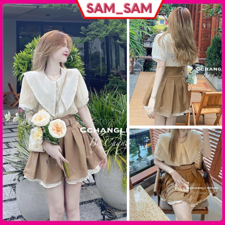 Set đồ nữ-Sét áo sơ mi cổ sen, mix chân váy xếp ly 2 tầng kèm dây lưng nâu xinh đẹp tại sam_sam_shop_1011