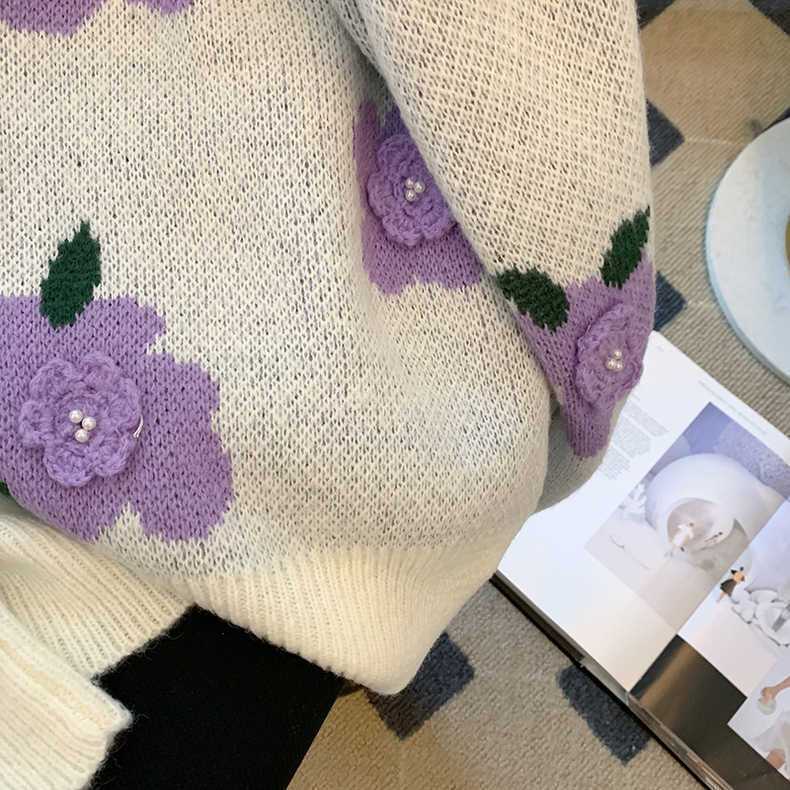 Áo Sweater Dệt Kim Ba Chiều Màu Sắc Tương Phản Họa Tiết Hoa Xinh Xắn Cho  tao bao