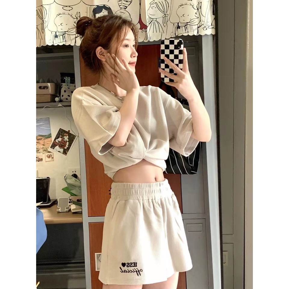 Set áo phông LESS mix quần short chất tổ ong / Bộ đồ thiết kế tay lỡ form rộng phối với quần đùi trẻ trung Nanashop