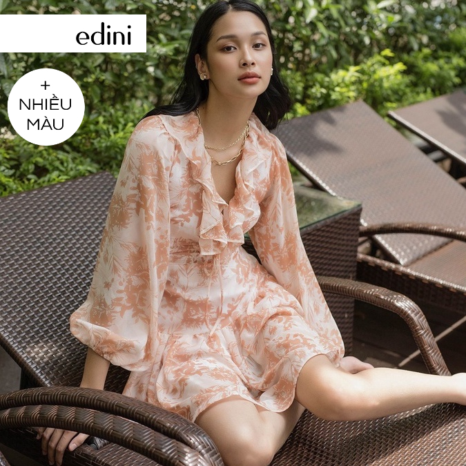 Đầm Cổ V Phối Bèo Hoạ Tiết Hoa EDINI - D1465