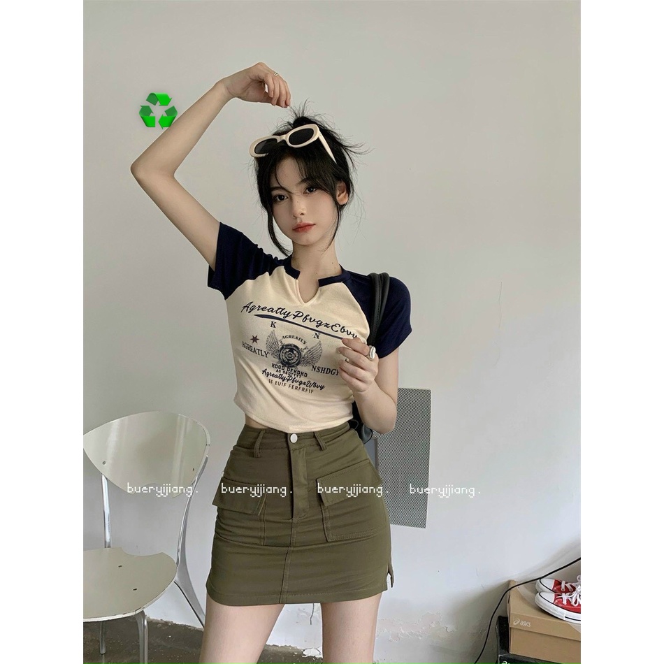 Áo thun nữ kiểu cổ tròn tay ngắn in họa tiêt dáng croptop phối màu 40