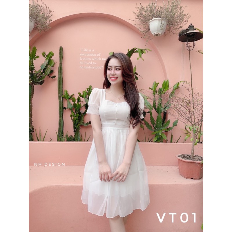 [ VT01 ] VÁY TK CỔ VUÔNG TAY BỒNG KHUY NG