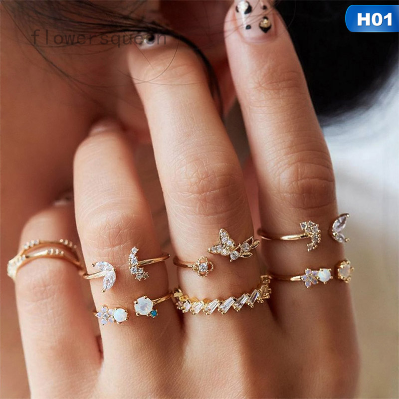 flowersqueen Bộ Nhẫn Đeo Tay Kim Loại Đính Đá Màu Thời Trang Cho Nữ
