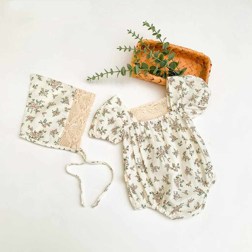 Bộ Áo Liền Quần In Hoa Và Mũ Dành Cho Bé Gái