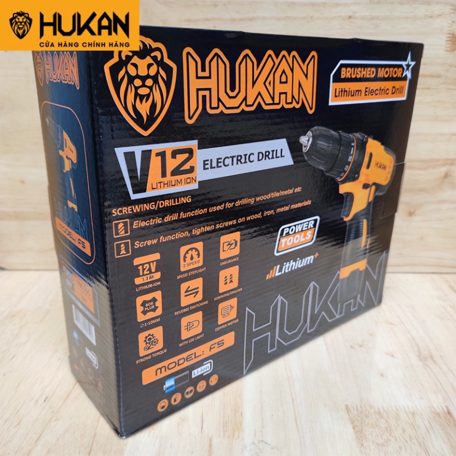 Máy khoan pin 12v HUKAN F5 động cơ không chổi than, bắn vít không dây kèm 2 pin 1 sạc