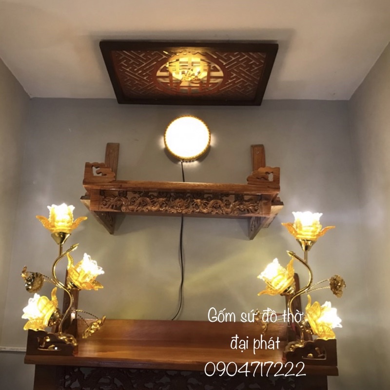 Đèn thờ hoa sen bông thủy tinh ánh sáng vàng, đèn thờ thủy tinh ba bông
