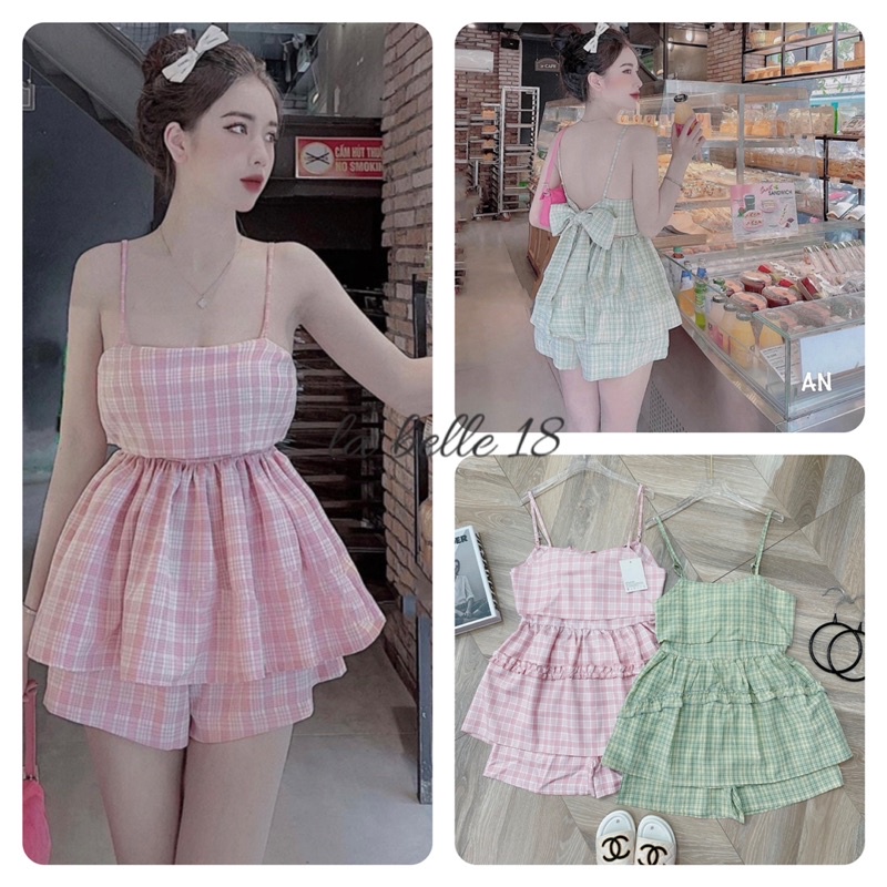 Set áo babydoll 2 dây nơ lưng bèo tầng màu kẻ ô quần sooc đùi có thắt nơ to ở lưng