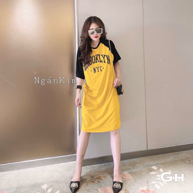 váy suông phối tay in chữ NYC 2 màu chất đep