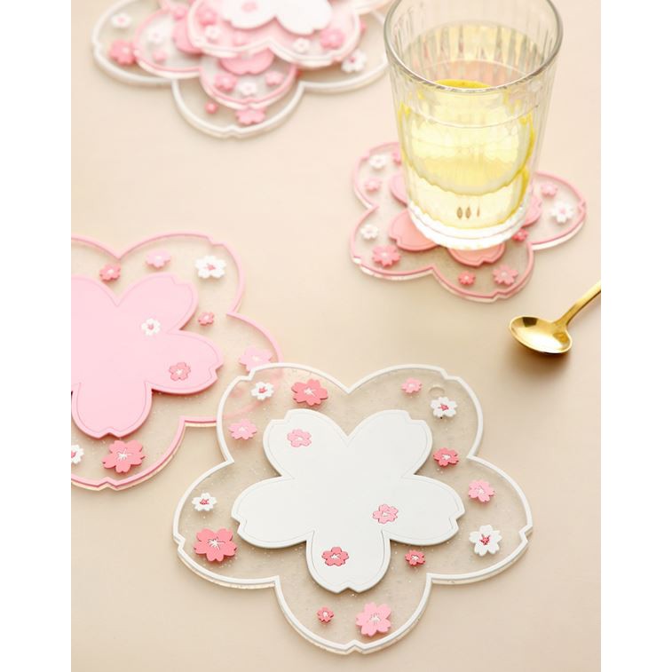 Miếng lót ly chống trượt hình Hoa anh đào pvc cao cấp size 11cm, 16cm