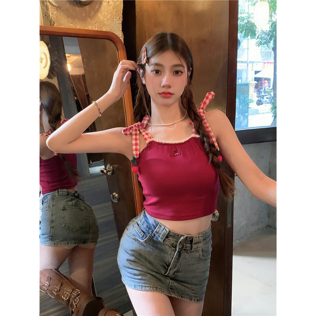 Lalisas Áo Croptop Hai Dây Viền Ren Thêu Họa Tiết Gia Vị Ngọt Ngào Quyến Rũ Cho Nữ