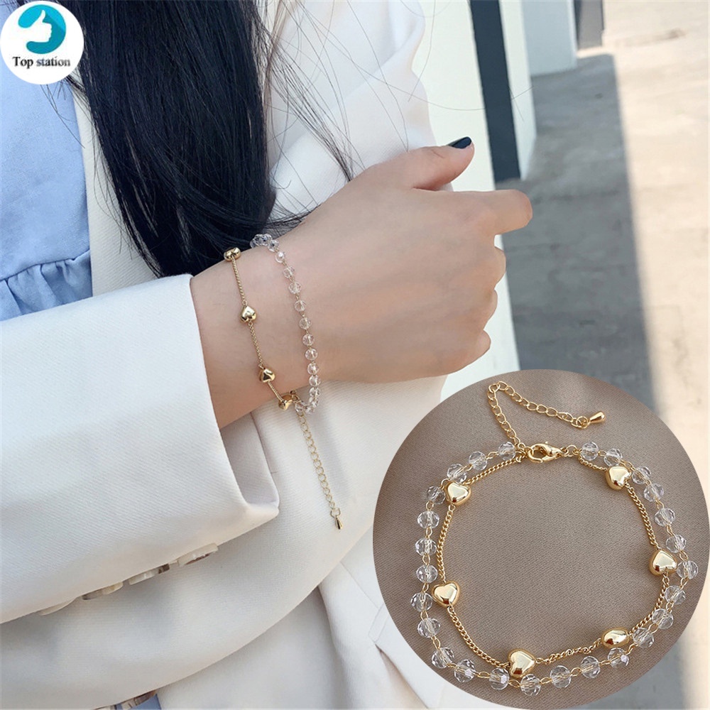 Vòng tay hai lớp đính đá pha lê hình trái tim ngọt ngào thời trang Hàn Quốc cho nữ