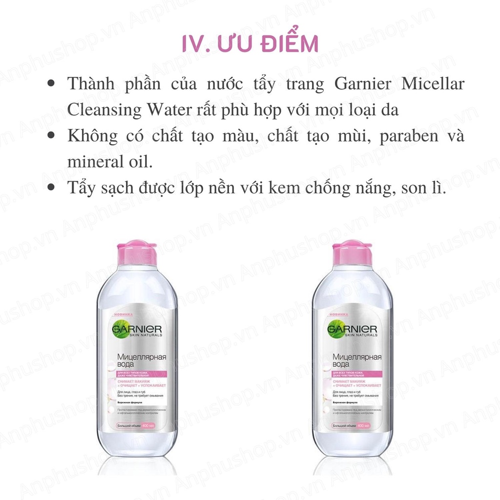 ( Hàng chính hãng) Nước tẩy trang Garnier Micellar Cleansing Water không cồn cho da nhạy cảm 400ml