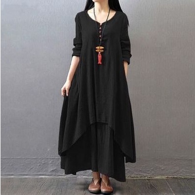 Plus size phụ nữ dài tay áo vải lanh trắng đi biển váy maxi dài phụ nữ