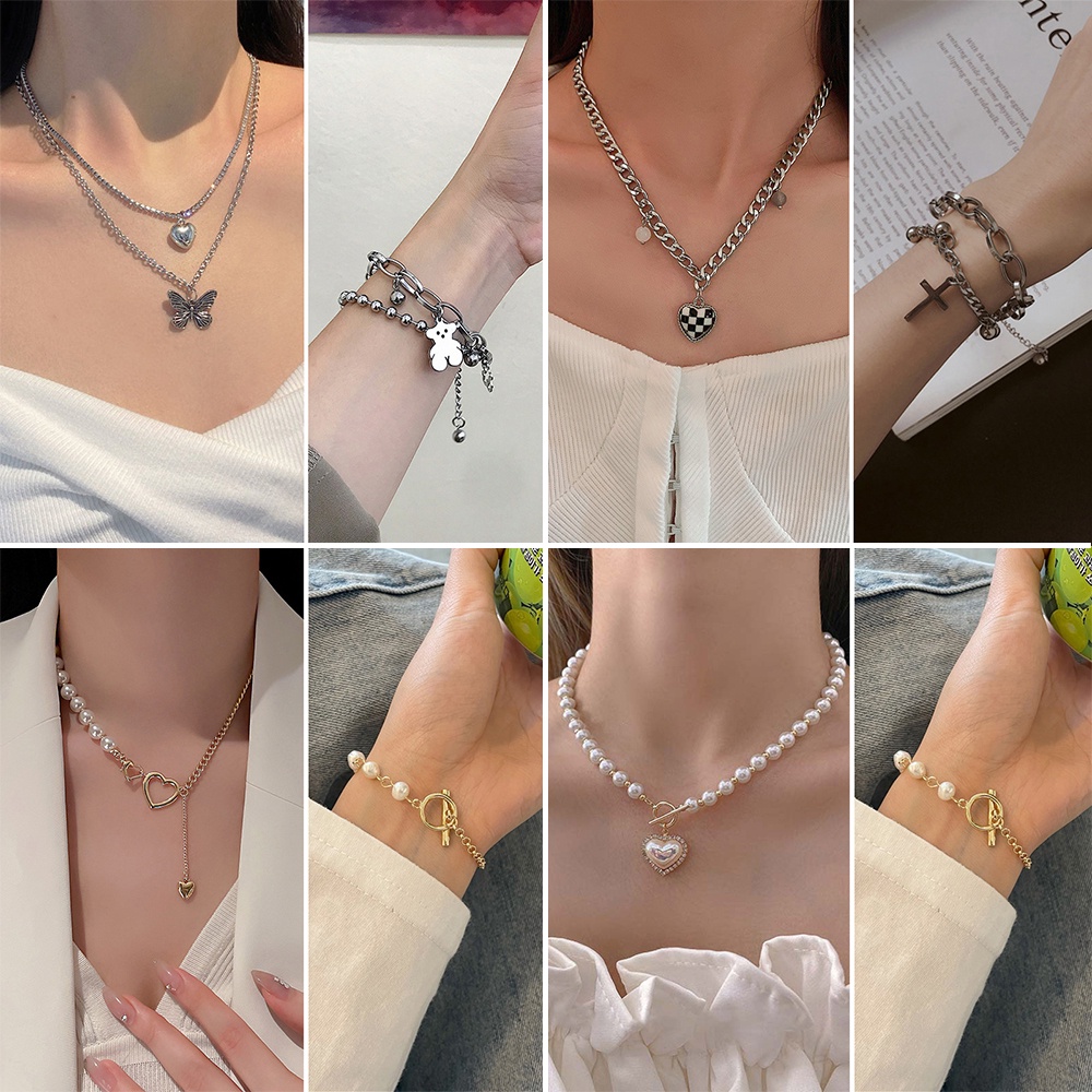 Vòng cổ nhiều lớp mặt hình trái tim và bướm đính ngọc trai thời trang cho nữ