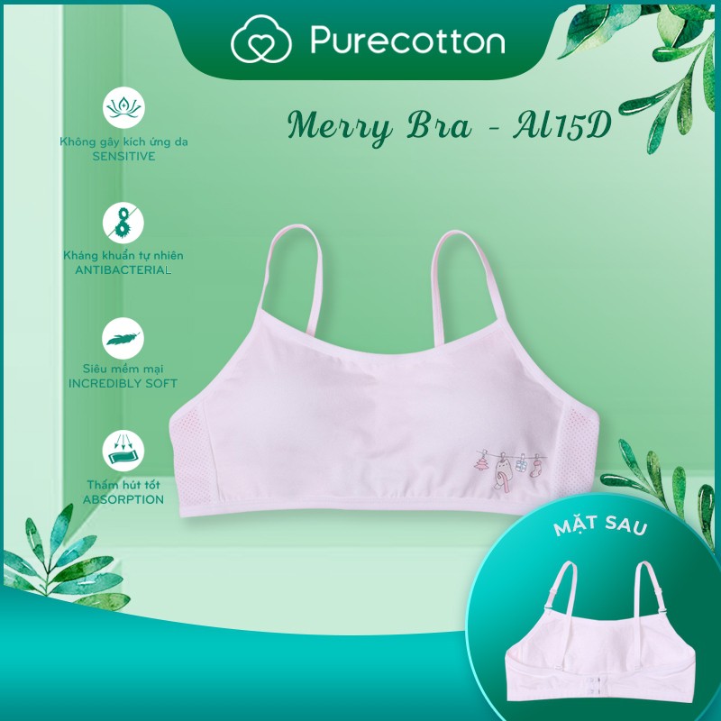 Áo lót không gọng Purecotton cho bé gái chất liệu cotton cao cấp kiểu dáng cài sau có đệm mỏng PC019